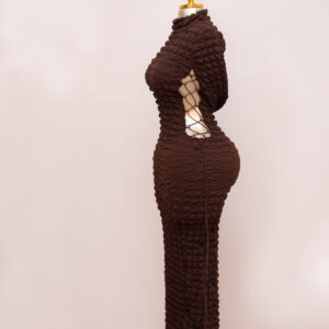 Chocolate Textured Knit Bodycon Dress with Side Cut-Out 