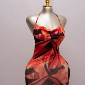 Fiery Abstract Print Halter Mini Dress 