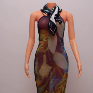 Tropical Illusion Mesh Maxi Dress with Scarf Set