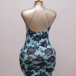 Blue Floral Mesh Bodycon Dress with Lace Trim 