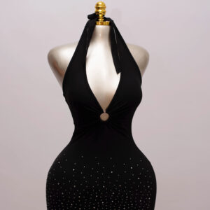 Black Halter Mini Dress with Rhinestone Detail 