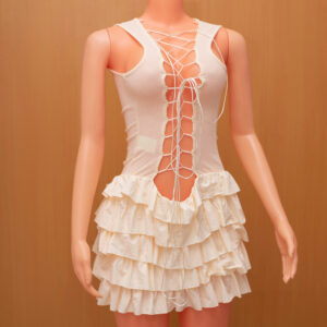 Lace-Up Front Ruffle Hem Mini Dress – Cream 