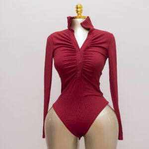Ruched Wine Ribbed Bodysuit with Collar Detail 