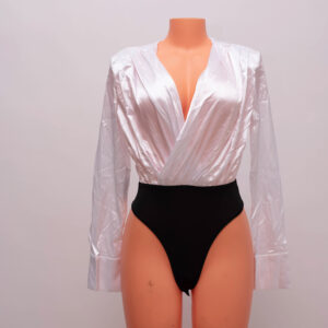 Satin Plunge Wrap Bodysuit – Two-Tone Elegance 
